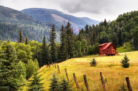 Cabin in the Mountains - cabin, autumn, red, landscape, scenic, mountains