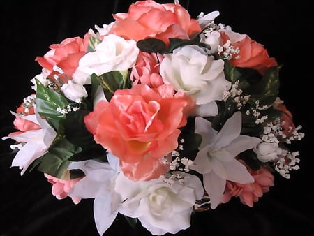 For Your Birthday - Lisa - white, roses lillies, coral green, bouquet, flowers