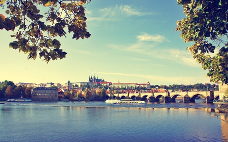 Prague - sky, trees, prague, czech republic, nature, river, clouds, city, architecture, medieval, bridge