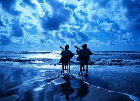 Blue song - water, duet, song, quiet, love, harmony, night, guitar song, shore, blue, clouds, peace, calm waves, sea, nature