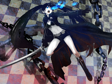 Black Rock Shooter - chains, girl, katana, blue eyes, bikini, shorts, cute