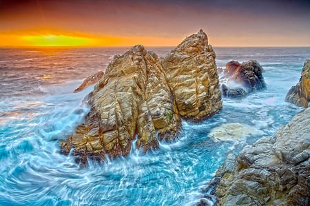 Hdr - blue, sunrise, gold, ocean, shore, nature, waves, hdr, background, seascape, sun, rocks