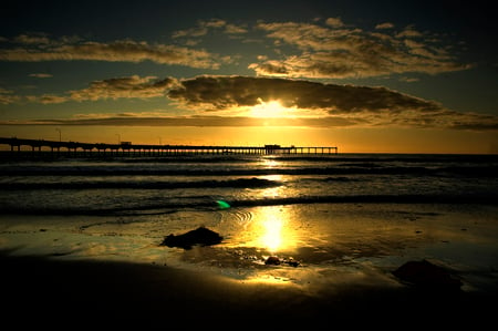 Overflow of gold - clouds, water, gold, ocean, overflow, sunset, nature, waves, background, seascape, sun, sky