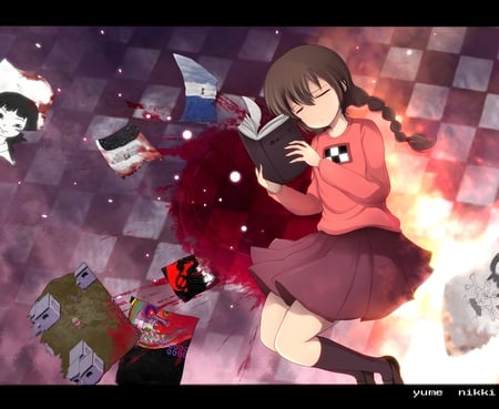 Yume nikki - bed, long hair, yume nikki, blood, book, dress, brown hair