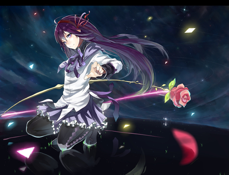 mahou shoujo madoka magica - sky, long hair, flowers, akemi homura, black hair, dress