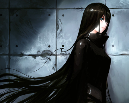 Dark Beautful Girl - anime, black hair, black close, long hair, sexy, dark, blue eyes