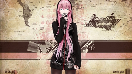 megurine luka - dress, alone, long hair, pink hair, blue eyes