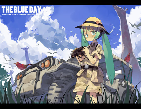 the blue days - animals, blue eyes, jeep, miku, green hair, yard, ciel