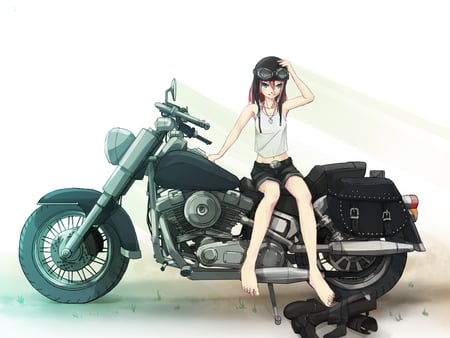 original - blue eyes, motociclete, blush, short hair, red hair, short