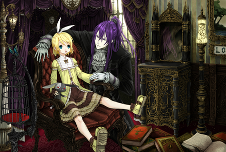 vocaloid| - dress, long hair, gothick, short hair, rin, yelow hair, sit, purple hair, blue eyes