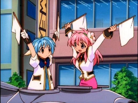 Mint and Milfeulle - screenshot, anime, milfeulle, tank, galaxy angel, series, mint, flags, galaxy angel season1