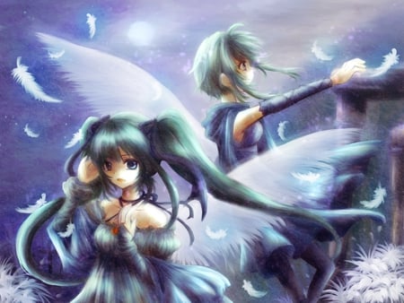 Angel Miku & Angel Gumi - aqua, sun, music, wings, anime girl, 2 girls, white, art, cool, 2 angels, aqua eyes, artistic, hatsune miku, light, song, vocaloids, program, glow, vocaloid, beautiful, uniform, diva, dress, beauty, nice, sky, sunshine, twintail, singer, aqua hair, black, virtual, painting, pretty, clouds, idol, angels, anime, green, miku, cute, moon, feathers, sunlight, girl, cg, hatsune, green eyes, blue, awesome, flowers, digital, green hair, gray, outfit