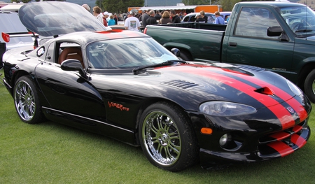 Dodge Viper 2008 at the Radium Hot Springs car show 10 - black, red stripes, tires, headlights, green, photography, grass, dodge