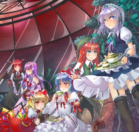 Scarlet Masion - remilia scarlet, veranda, lolita fashion, wings, video game, thighhighs, red moon, blonde hair, hong meiling, alternate costume, silver hair, flandre scarlet, blue eyes, tea cup, purple hair, red hair, tea pot, izayoi sakuya, garter straps, dress, twin braids, koakuma, red eyes, touhou, top hat, full moon, anime, purple eyes, moon, patchouli knowledge, bat wings, tea, blue hair