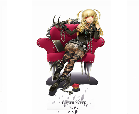 Amane misa - female, buckles, alone, dark, torn clothes, punk, death note, sitting, belt, anime girl, twintails, chain, hot, thighhighs, gothic, blonde hair, cool, platform shoes, chair, nail ploish, goth, high heels, jewelry, cute, amane misa, cross, apple, sexy, gloves