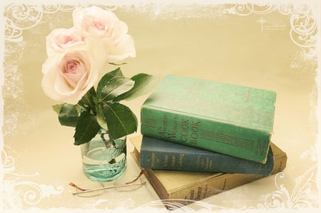 roses and books - roses, books, pink, still life