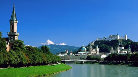 Salzburg Chapel - chapel, river, castle, city, mountains, bridge