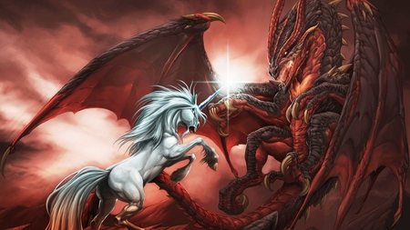 unicorn vs dragon - art, fantast, monster, animal, dragon, mythical, unicorn, artistic