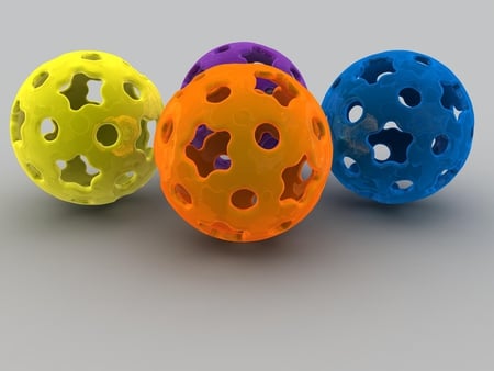 Abstract Star and Dot Covered Spheres - purple, yellow, stars, abstract, blue, balls, glossy, dots, orange, 3d, spheres