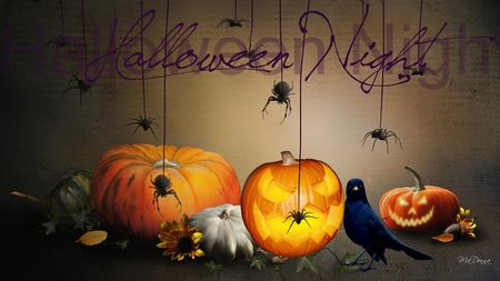 Halloween Night - autumn, spiders, pumpkin, gourds, jack-o-lanterns, crow, fall, squash, leaves, firefox persona