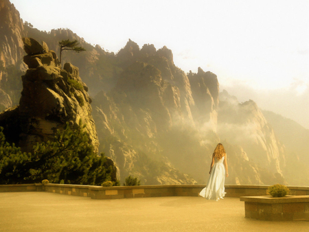 Amazing view - amazing, high, girl, white dress, nature, lady, view, woman, rocks