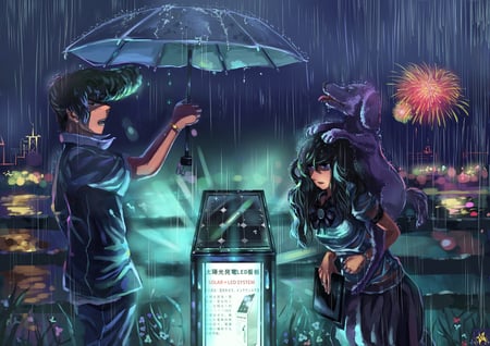 Rain on your Parade - beauty, sexy, hot, long hair, anime girl, original, stunning, raining, pretty, dog, beautiful, animal, cute, guy