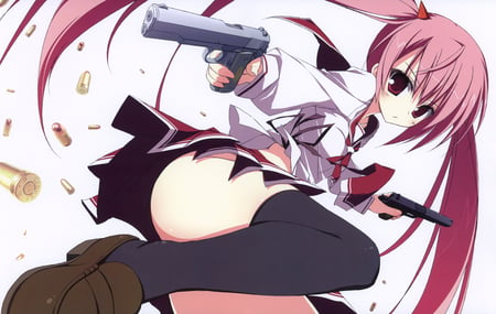 Kanzaki H Aria - beauty, gun, thigh highs, hot, kanzaki h aria, anime girl, seifuku, red eyes, cool, cute, sexy, hidan no aria, twintails, long hair, pink hair, beautiful, weapon, awesome, badss