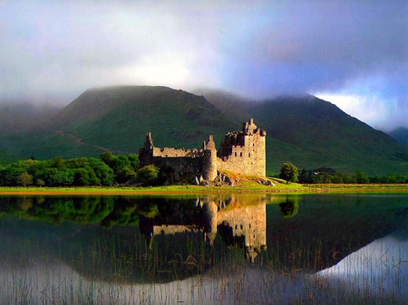 Castle in Reflection - lake, reflection, mountain, castle