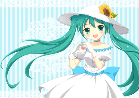 Hatsune Miku - pretty, artistic, heart, brown, child, nice, program, kid, beauty, virtual, flower, cg, white, cute, aqua eyes, song, bow, vocaloid, anime, yellow, blue, twintail, dress, hatsune miku, music, aqua, sunflower, art, idol, hat, anime girl, beautiful, singer, girl, cool, black, miku, awesome, diva, digital, aqua hair, hatsune, vocaloids