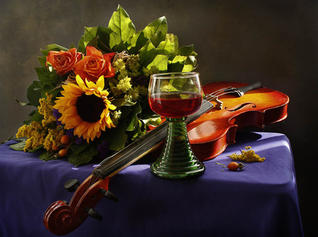 still life - pretty, elegantly, roses, romance, photo, leaves, flowers, music, wine, sunflower, nice, delicate, beautiful, violin, photography, beauty, colors, lovely, cool, still life, flower, bouquet, drink, harmony, rose, cup