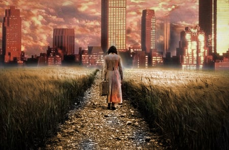 city side..concrete jungle   v fields of dreams - barley, spaces, city scape wallpaper, bushes, city scape, sunrise, photomanipulation, home, path, wheat, unusual, fire, mist, towers, skyscrapers, sun, clouds, central, haze, fog, brunnete, fields, future, stones, fantasy, woman, america, park, new, wallpaper