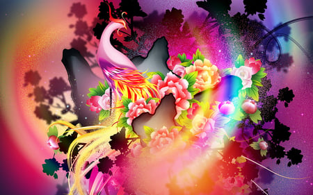 Colorful Phoenix - abstract, colorful, flowers, colors, phoenix, fantasy, other, bird