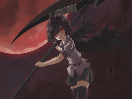 shameimaru aya - red eyes, touhou, full moon, red moon, wings, cute, black hair