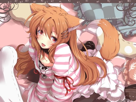 Fox - anime, ears, fox, girl, tail, long hair, pillow, ribbon, bow, stripes