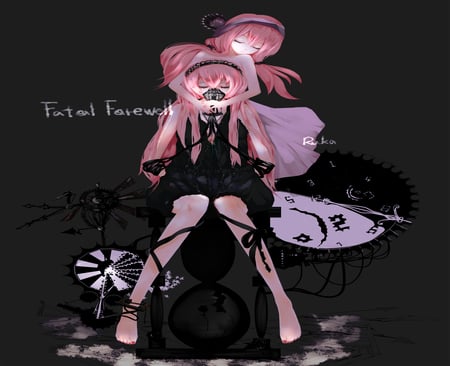 Megurine Luka-Fatal Farewell - sitting, nail polish, mask, chain, time machine, sundress, hairband, eyes closed, dark, megurine luka, ribbon, luka megurine, jewelry, dual persona, luka, bare shoulders, pink hair, necklace, child, barefoot, fatal farewell, vocaloids, alone, vocaloid, gears, dress