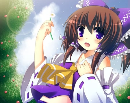 Hakurei Reimu - touhou, trees, flowers, cute, purple eyes