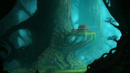 Fantasy Forest Tree - house, fantasy, foggy, forest, tree, mysterious