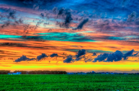 Glorious Hues - clouds, sunset, beautiful, green, plain, hdr, colourful, grass