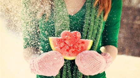 Juicy Love... - winter, heart, valentines day, snow, girl, love, feeling, mittens, watermelon, red, woman