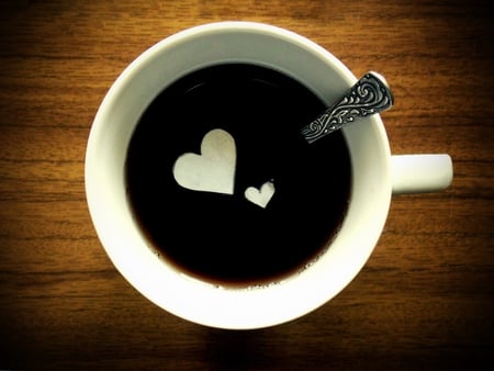 Coffee - black, spoon, white, heart, coffee, love, cup, hearts