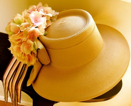 Forever Romantic â™¥ - sunshine, hat, delicate, wonderful, fragile, yellow, forever, orange, ribbon, feminine, fashion, lovely, entertainment, romantic, pink, beautiful, flowers