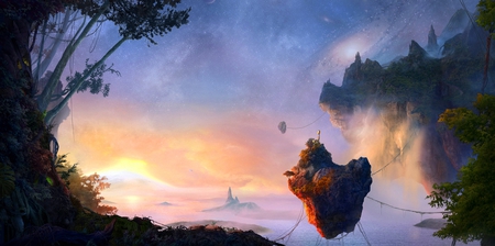 Otherworld - sky, otherworld, planets, trees, mountains, galaxies, space, rocks