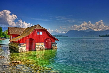 Red Hut - picture, red, in lake, cool, hut