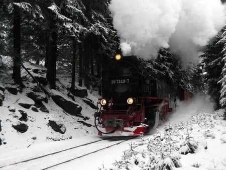 Whistle down the Track - steam, train, trees, romantic, snow, track, rocks