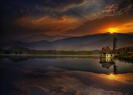 Little House on the Water - sky, lake, trees, reflection, house