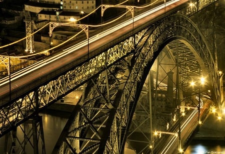 Half Moon Bridge - river, roads, night, buildings, bridge, lights