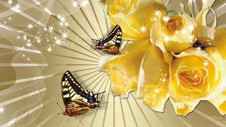 Glow of Yellow Roses - rays, stars, roses, summer, bouquet, shine, yellow, flowers, sparkles, firefox persona, butterflies