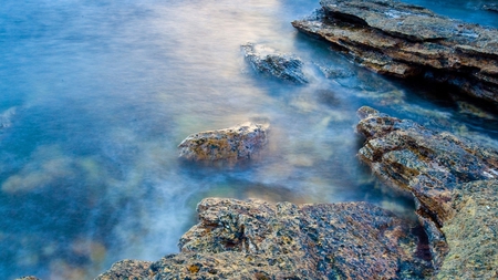 fog ,water and rocks - nature, beauty, blue, photography, water