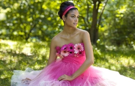 So Lovely in Pink - pretty, people, classy, fashion, dress, serene, grass, pink, flowers, ribbon, nice, brunette, gown, silk, beautiful, photography, girl, fantasy, nature, green, woman, models female