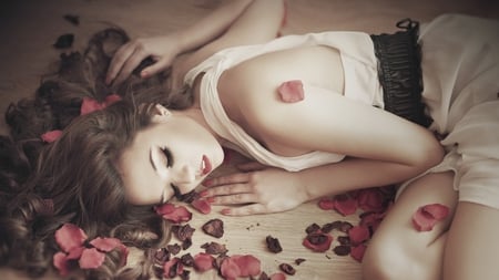 rose petals - flowers, roses, female, nature, woman, photography, model, beauty